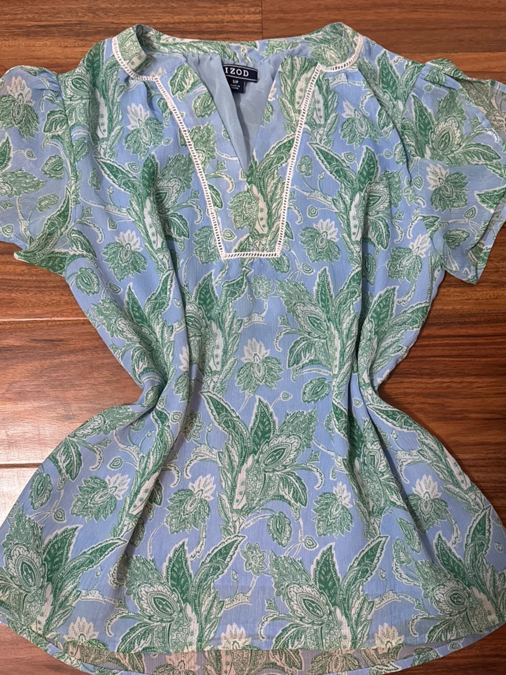 Izod Blue Blouse with Green Paisley Print